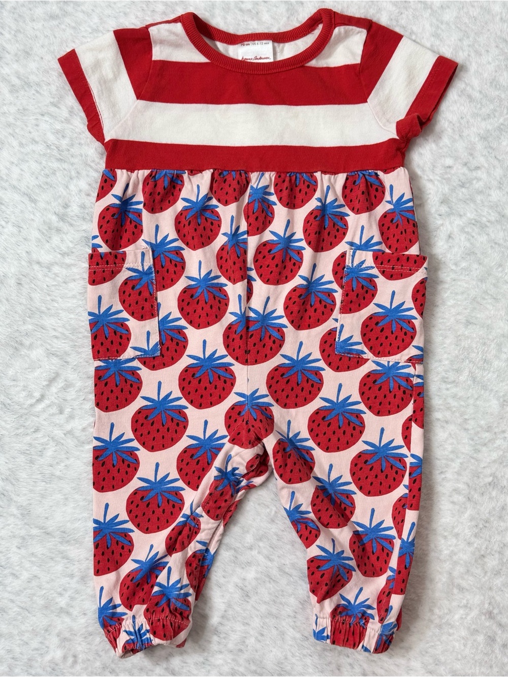 Hanna Andersson Strawberry Romper 6-12M Baby Girl Organic Cotton Red Pink Fruit